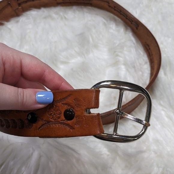 Vintage Hand Tooled Embossed Leather Cognac Brown Braided Belt Size 38 - Picture 2 of 8